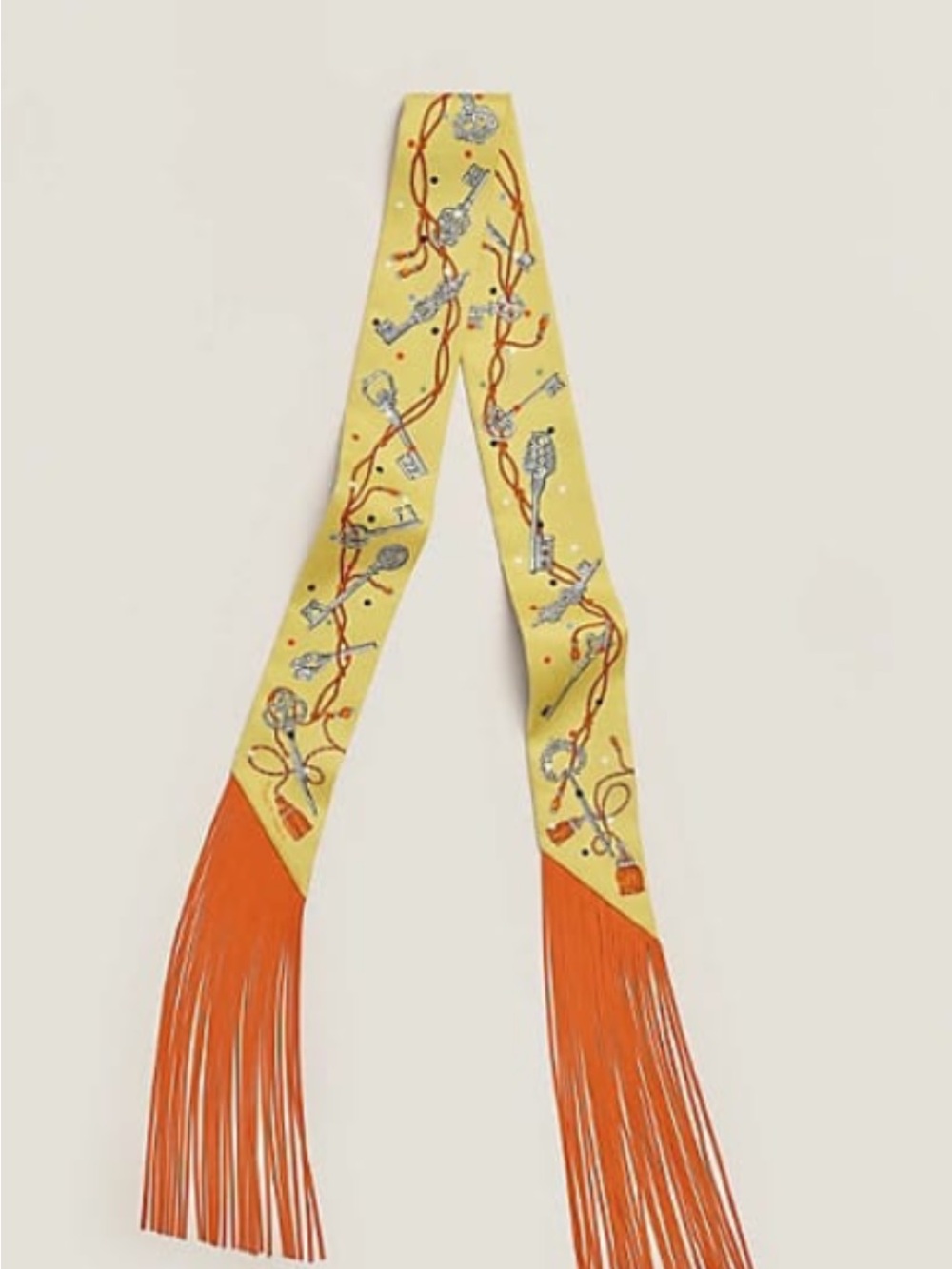 Hermes Yellow Silk Twilly with Orange Fringe and Silver Accents